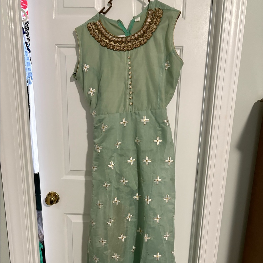 Green Sleeveless Anarkali Dress with White Embroidery